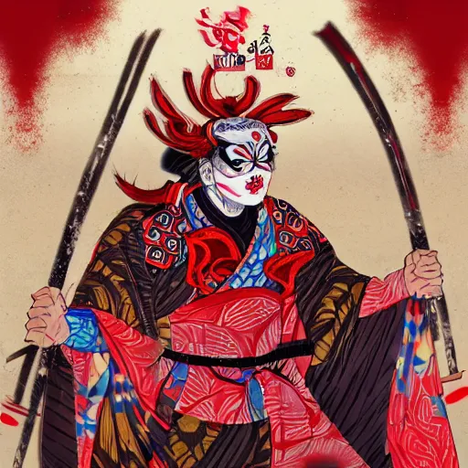 Image similar to an insane kabuki warrior wielding a spear while emitting a distorting psychedelic aura of madness, intricate hakama, red wig, crossed eyes, hazy atmosphere, high energy, trending on artstation, detailed concept art,