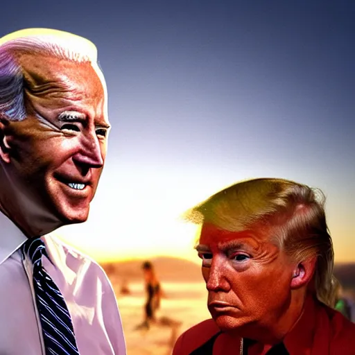 Image similar to photo of evil Joe Biden attending burning man with ecofeminist Donald Trump, photorealism, extremely detailed, soft lightning, playa, HD