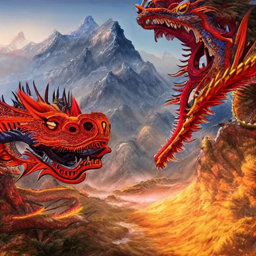 Image similar to a chinese dragon, majestic, mountains background, ultrafine hyperrealistic detailed illustration by kim jung gi, irakli nadar, intricate linework, sharp focus, bright colors, matte, gujian, final fantasy, unreal engine highly rendered, global illumination, radiant light, intricate environment