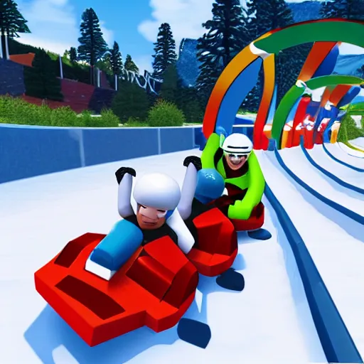 Image similar to photograph of a group of roblox avatars bobsledding in the olympics