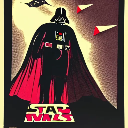 Prompt: silkscreen of darth vader throwing a paper airplane