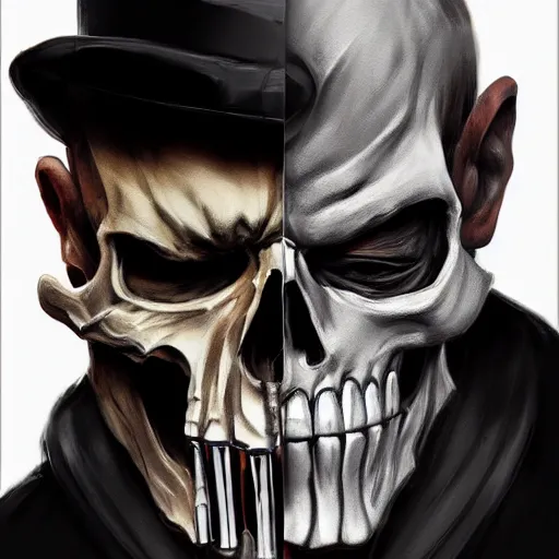 Prompt: portrait of old man frank castle the punisher, skull face paint, intricate, elegant, highly detailed, centered, grungy, digital painting, artstation, concept art, smooth, sharp focus, boris vallejo