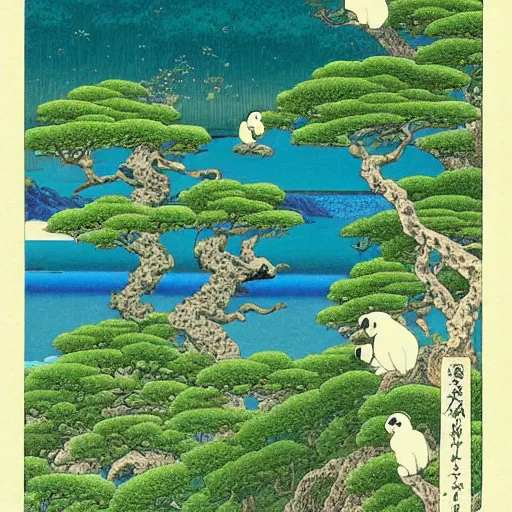 Image similar to a beautiful landscape with tropical islands and pandas on it, Kawase, Hasui