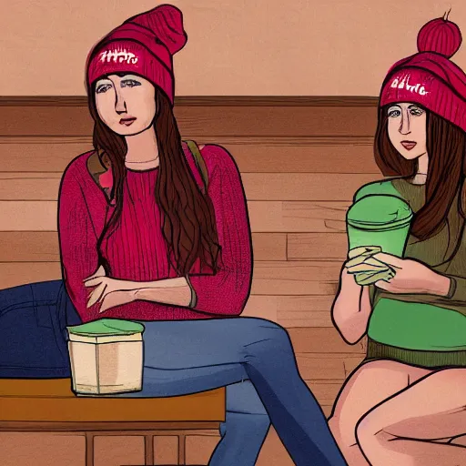 Image similar to hot girls sitting at starbucks being drawn by creepy guy in beanie, 8 k resolution, cinematic lighting, anatomically correct