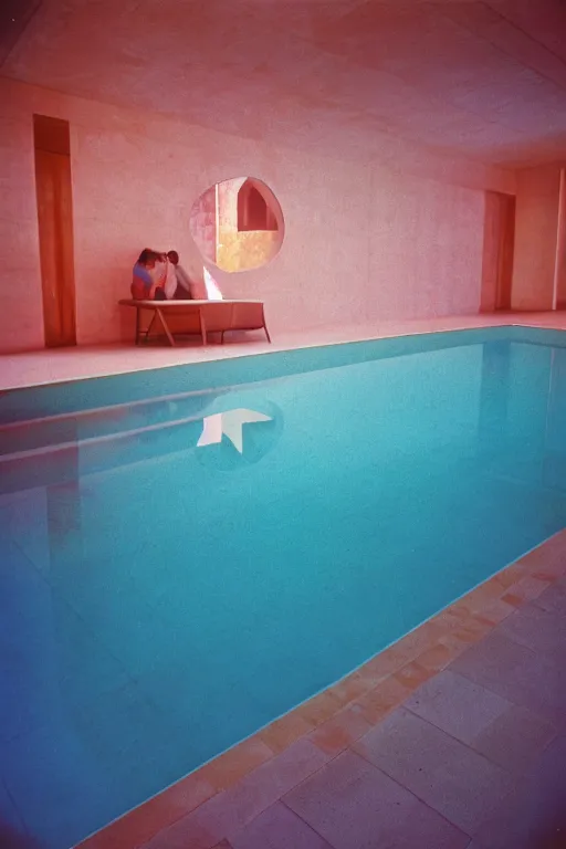 Prompt: non euclidean tiled curving swimming pool tunnels into infinity, 1 9 6 0 s, color bleed, ektachrome photograph, volumetric lighting, f 8 aperture, cinematic eastman 5 3 8 4 film stanley kubrick