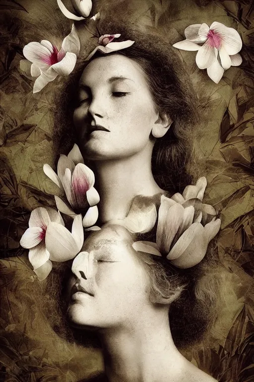 Image similar to a goddess of magnolia a queen of the garden, meditating! with a beautiful symmetrical face!!! cinematic lightning, isolated, studio lighting by dave mckean