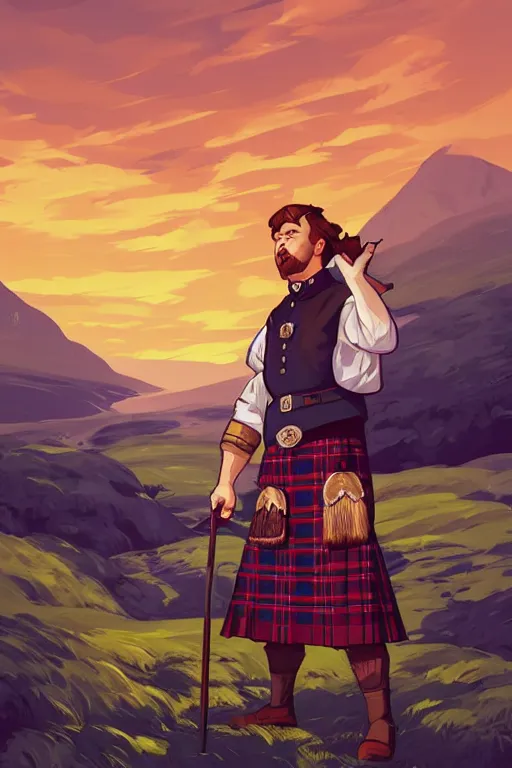 Prompt: a scottish scotland man in a kilt, centered, castle scotland background, median photoshop filter cutout vector behance, hd by artgerm, jesper ejsing, by rhads, makoto shinkai and lois van baarle, ilya kuvshinov, rossdraws, illustration, art by ilya kuvshinov and gustav klimt