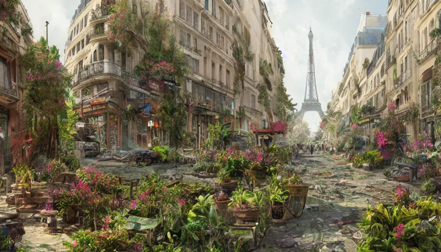 Prompt: Paris abandoned for several centuries and covered by colorful plants, hyperdetailed, artstation, cgsociety, 8k