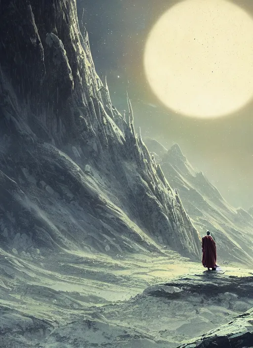 Image similar to a cosmic monk in lord of the rings scenery landscape, looking at a huge futuristic spacecraft hovering in the sky, highly detailed, vivid color, cinematic lighting, perfect composition, 8 k, gustave dore, derek zabrocki, greg rutkowski, belsinski, octane render