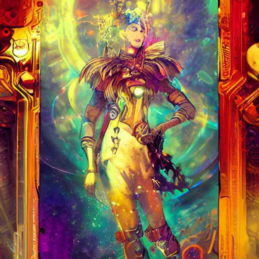 Prompt: an epic painting of the neon queen empress of time tarot card art, lomo effect, beautiful vibrant mixed pastels and watercolors painting, clockwork steampunk, cgsociety # conceptart cg character art, # oc by ross tran by ashley wood, stephanie hans and vanessa lemen inspired face