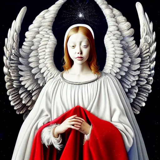 Image similar to highdetailed hyperrealistic painting of white angel!!! no gender smiling noface!!!, light instead of hands, white sparkles everywhere, 4 k hd face!!!, big silver high detailed wings!!!, renaissance, by jan van eyck, holography space, glow effect, large strokes, monochrome!!!!!