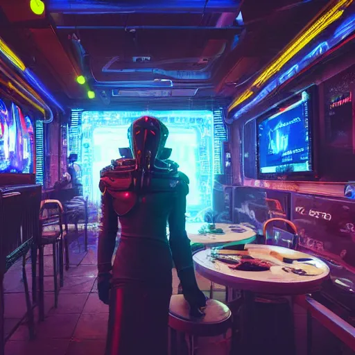 Image similar to high quality portrait of a starcraft Protoss Zealot in a cyberpunk cyberpunk cyberpunk cafe, realism, 8k, award winning photo
