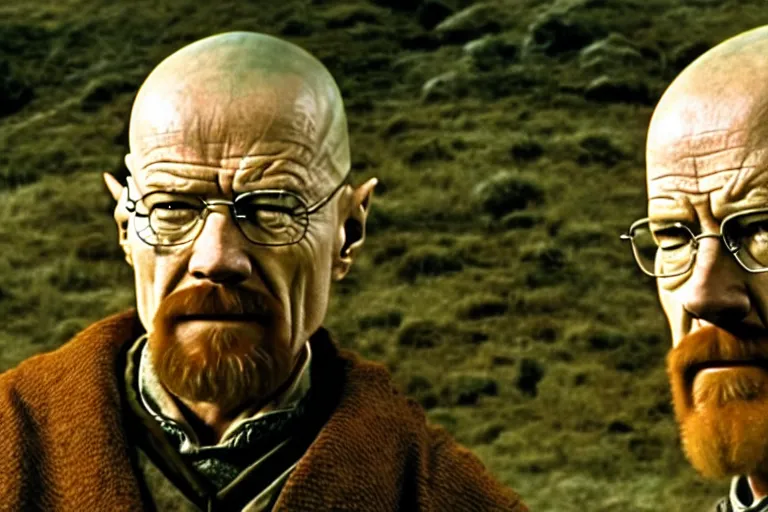 Prompt: film still of walter white as gandalf in the fellowship of the ring, cinematic, movie frame, rule of thirds, 8 k