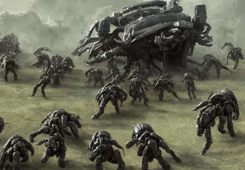 Prompt: mobile infantry pushes bugs down to their holes to capture the brain bug, starship troopers, WLOP