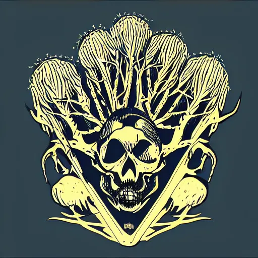 Image similar to dark death metal themed vector illustration for a record label, trees. forest, spikes, skull, microphone, skull, award winning, grunge, iconic, golden ratio