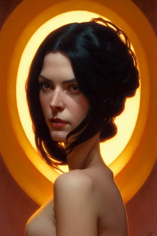 Prompt: sargent, leyendecker, greg hildebrandt highly detailed portrait of a woman with long black hair, black leather, ruby eyes, stephen bliss, unreal engine, by greg rutkowski, loish, ferdinand knab, ilya kuvshinov, rossdraws, tom bagshaw, alphonse mucha, global illumination, radiant light, detailed and intricate environment