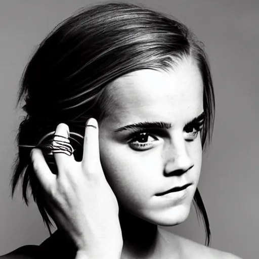 Image similar to A photo of tough looking emma watson. she has rings on his fingers. 50 mm. perfect ring.
