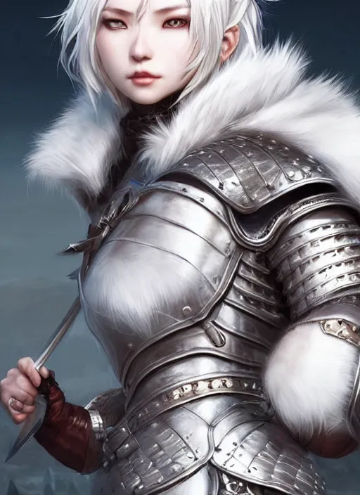 Prompt: warrior, fur - lined leather armor!!! beautiful and elegant white hair female!! gorgeous ayes!! character concept art, sharp focus, octane render! unreal engine 5! highly rendered!! trending on artstation!! detailed linework!! illustration by artgerm, wlop, and chie yoshii