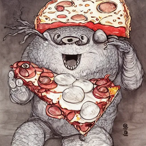 Image similar to a cute pizza monster, basic white background, symmetrical, watercolor, intricate line drawings, by Yoshitaka Amano, Ruan Jia, Kentaro Miura, Artgerm, detailed, trending on artstation, hd, masterpiece,