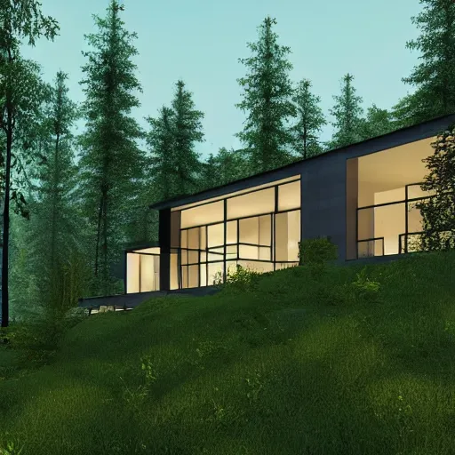 Image similar to a clearing in the forest revealing a private, modern home on a hill, garden, long driveway, unreal engine