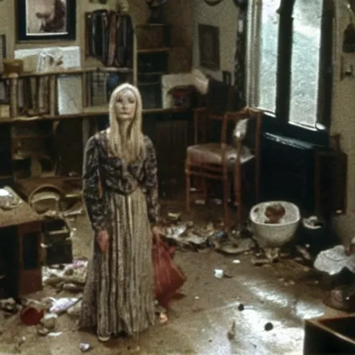 Prompt: a thin woman with adhd - ip stands in her messy house. folk horror. detailed.