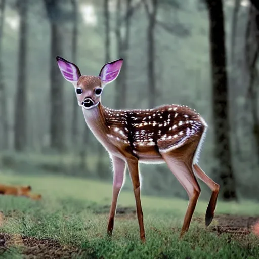 Prompt: dusk in the woods a fawn looks for mother ethereal surreal magical floaters high definition sharp focus