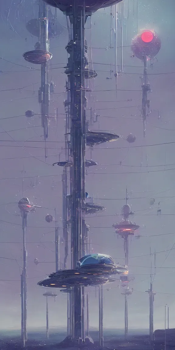 Image similar to tall space elevator with long tendrils, lots of hanging cables and antennas, sci - fi concept art, by john harris, by simon stalenhag, stunning, award winning