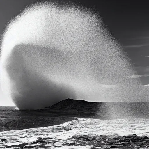 Prompt: photograph of a big incoming wave taken from the promenade, dramatic, looming, hyperrealistic