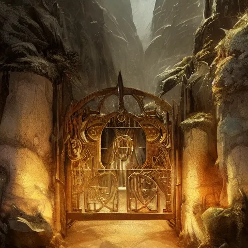 Image similar to beautiful digital painting of front gate of dwarf city of Erebor from Hobbit trending on Artstation, by Daniel Dociu and Greg Rutkowski, high quality, ultra detailed, ultra realistic, concept art, landscape, architecture, city gate