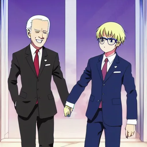 Image similar to key anime visual of joe biden and Saiki Kusuo; official media