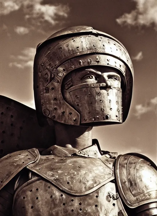 Prompt: close - up portrait athenian warrior with helmet and armor, art by vivian maier