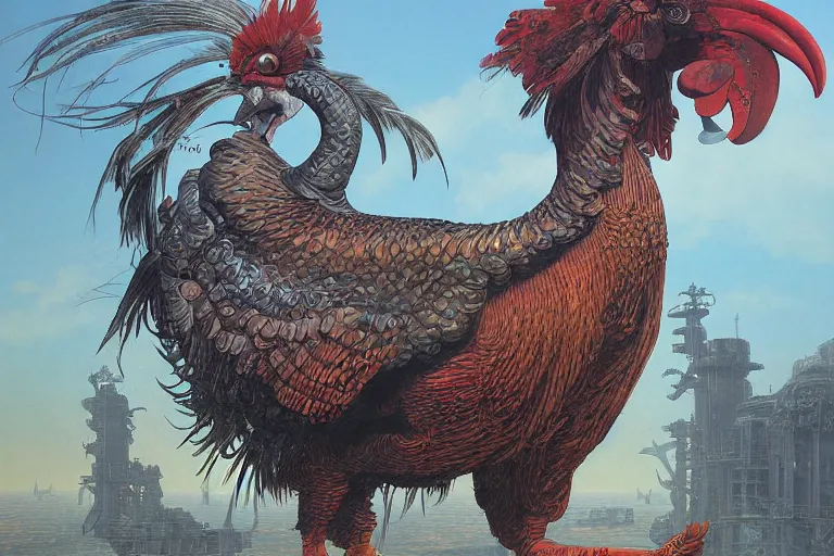 Image similar to digital painting of a gigantic mechanical rooster with beak and talons, by wayne barlowe and bob pepper, dieselpunk, highly detailed, intricate, sharp focus, portrait, talons, anatomy, studio ghibli color scheme, tarot card