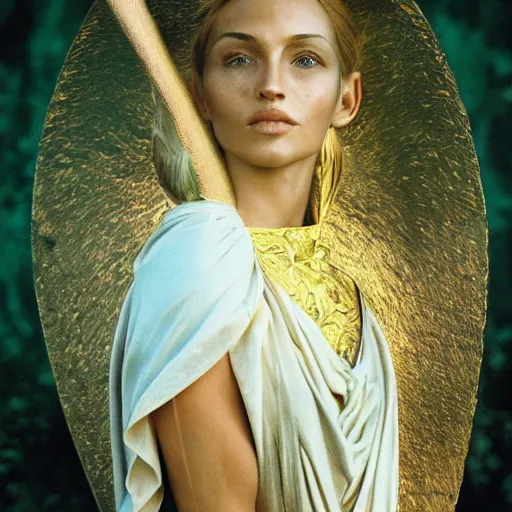 Image similar to a beautiful photographic shot of saga gold saint of gemini, beautiful natural light failling on her face, by annie leibowitz