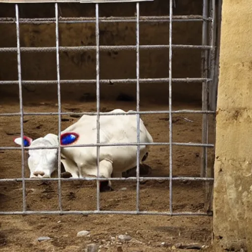 Image similar to chained calf inside a cage looking a bottle of milk