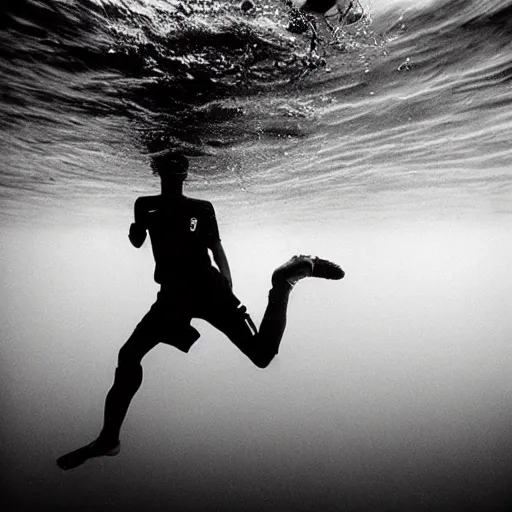 Prompt: Underwater photo of soccer player by Trent Parke, clean, detailed, Magnum photos