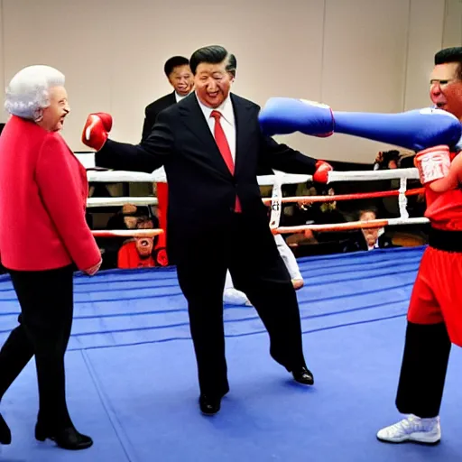 Image similar to Xi Jinping in a boxing match with the Queen of England,