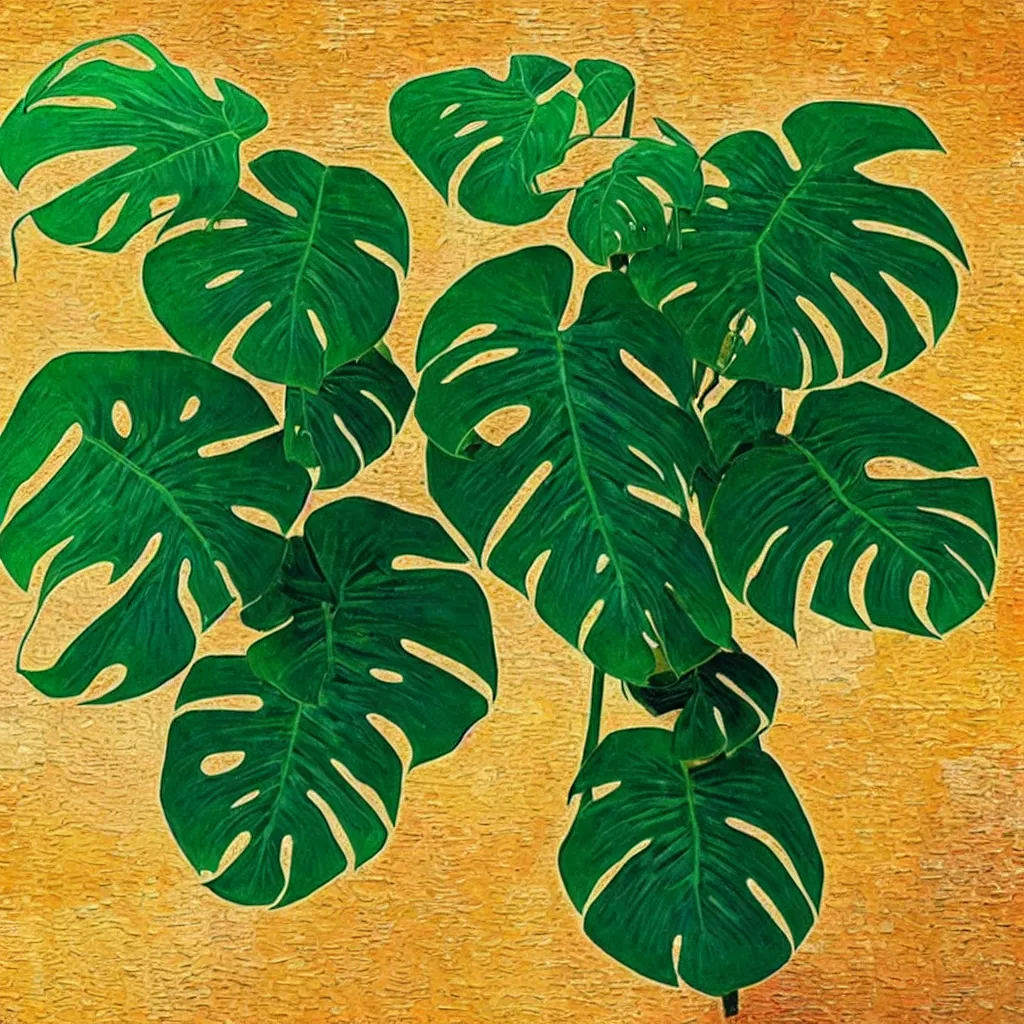 Image similar to A beautiful variegated monstera plant on a table in the style of Van Gogh