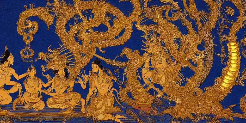 Prompt: digital concept art, Vishnu and Shiva, arm wrestling on a wooden table, Brahma in the middle background,hindu mythology; epic,masterpiece,ultra exquisite detail, incredible intricate golden and metallic blue gothic illustration on black paper, by Hokusai and James Gurney,full of silver layers,mandelbulb fractal,artstation,unreal engine,8k