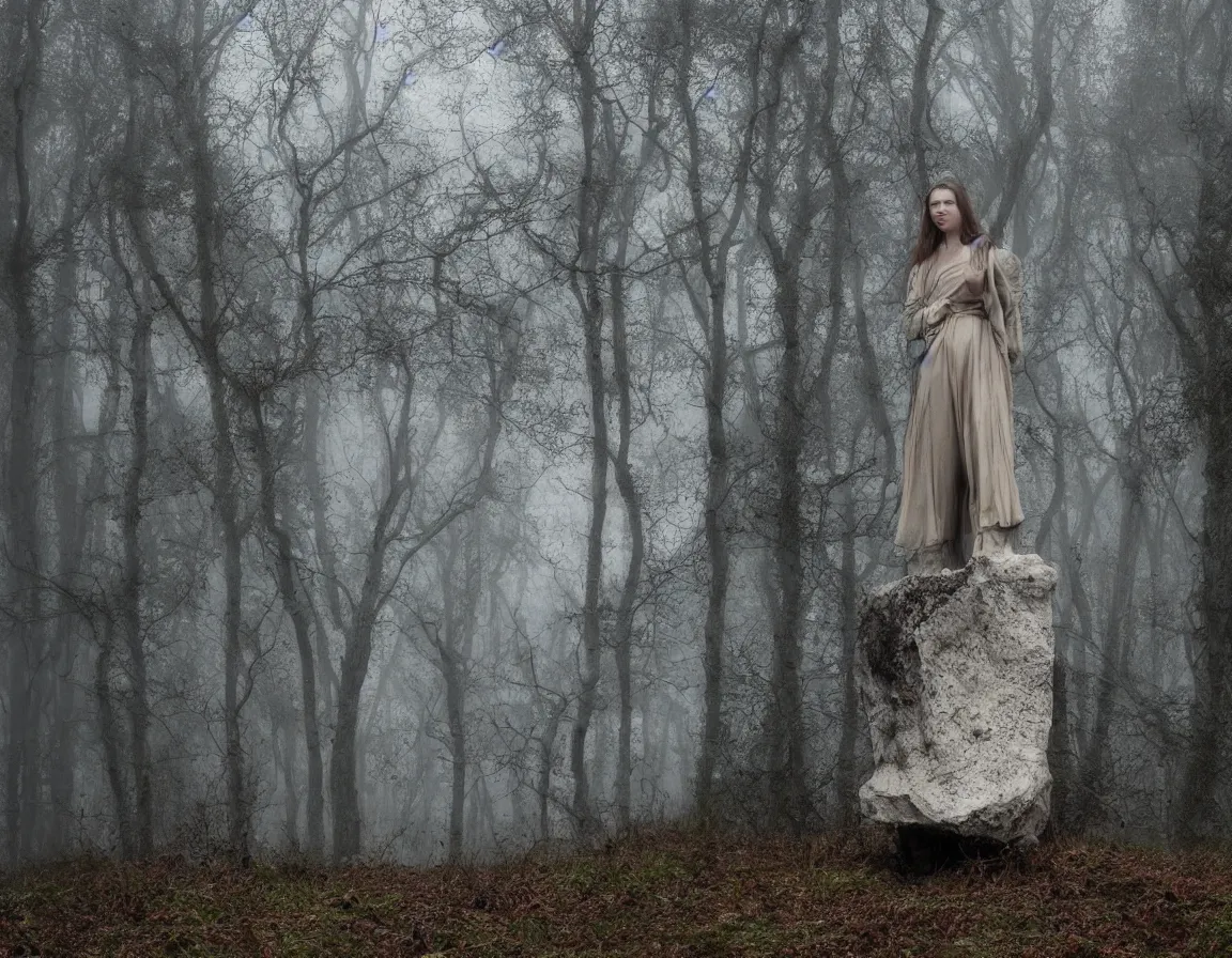 Prompt: hyper-realistic marble sculpture of r/anyataylorjoy, foggy forest at dawn, abandoned, gloomy, photography