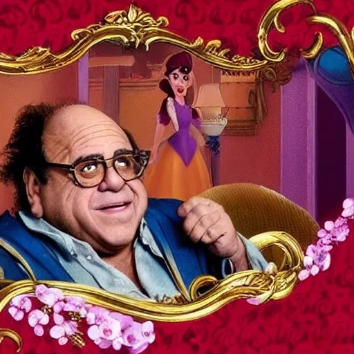 Image similar to A movie still of Danny Devito as a Disney princess