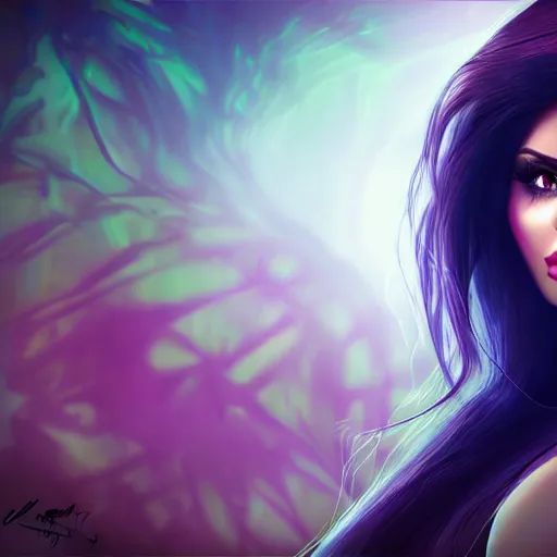 Image similar to portait of haifa wehbe, concept art, long hair centred, hd, very detailed curve, digital painting, unreal engine, sailor moon style, amazing background