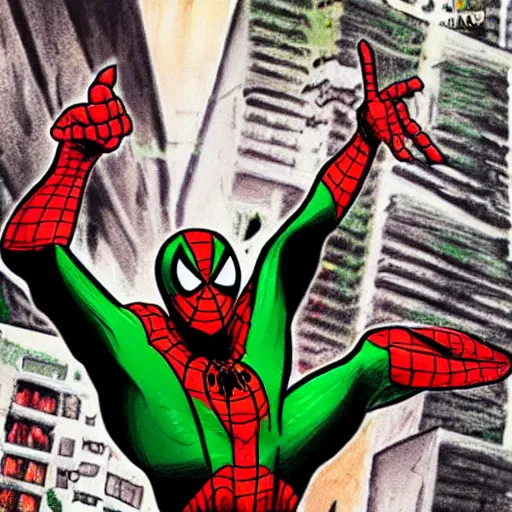 Prompt: green red spider man in Dhaka comic book art style by Stan Lee