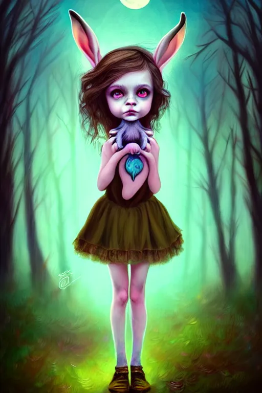 Prompt: a little girl holding a jackalope, in a forest, at night, full moon, fantasy, portrait, whimsical, vibrant colors, digital painting in the style of jasmine becket griffith and charlie bowater, trending on artstation, detailed