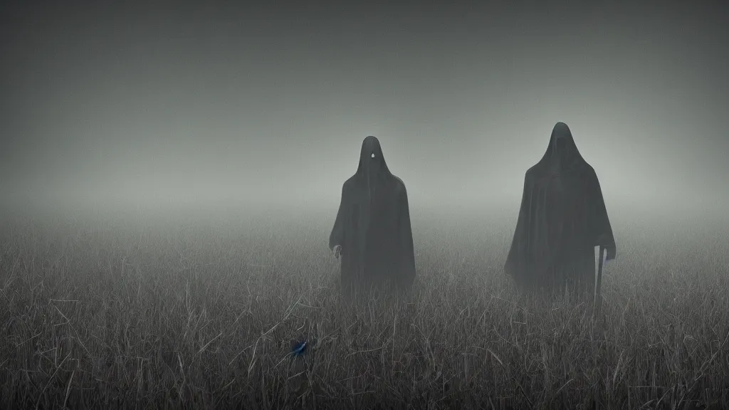 Image similar to grim reaper in a field of skulls, dark, night, foggy, scary, eerie, digital art.