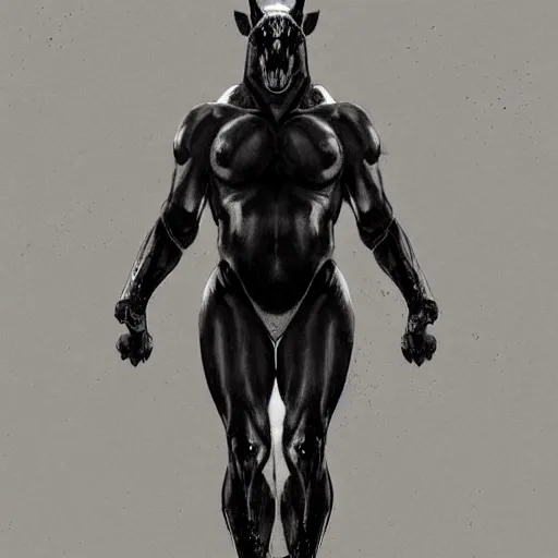 Prompt: an enormously muscular black - coated anthro horse at a research facility wearing skintight bodysuit, tactical kevlar, highly detailed, digital painting, artstation, concept art, illustration, art by artgerm, greg rutkowski, wlop