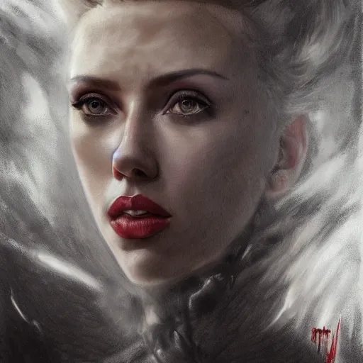 Prompt: portrait of scarlett johansson as a demon woman, colourised, face portrait, epic, tragic, military art, fantasy, dieselpunk, hd shot, digital portrait, beautiful, artstation, comic style, by artgerm, guy denning, jakub rozalski, magali villeneuve and charlie bowater