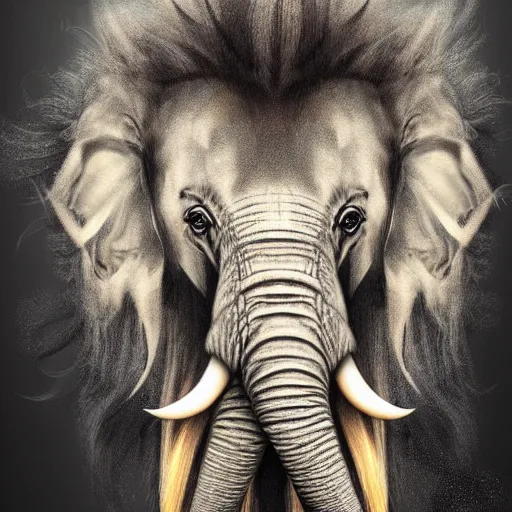 Prompt: cute fluffy baby elephant with long flowing lion mane with mohawk hairstyle hybrid animal detailed painting 4 k