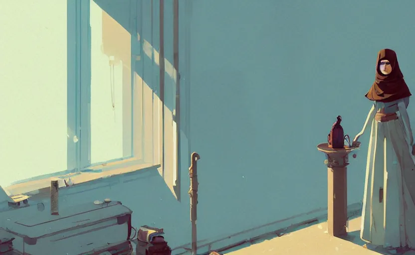 Prompt: female ottoman princess standing near the window by atey ghailan, by greg rutkowski, by simon stalenhag, by greg tocchini, by james gilleard, by joe fenton, by kaethe butcher dynamic lighting, gradient light blue, brown, blonde cream and white color scheme, grunge aesthetic