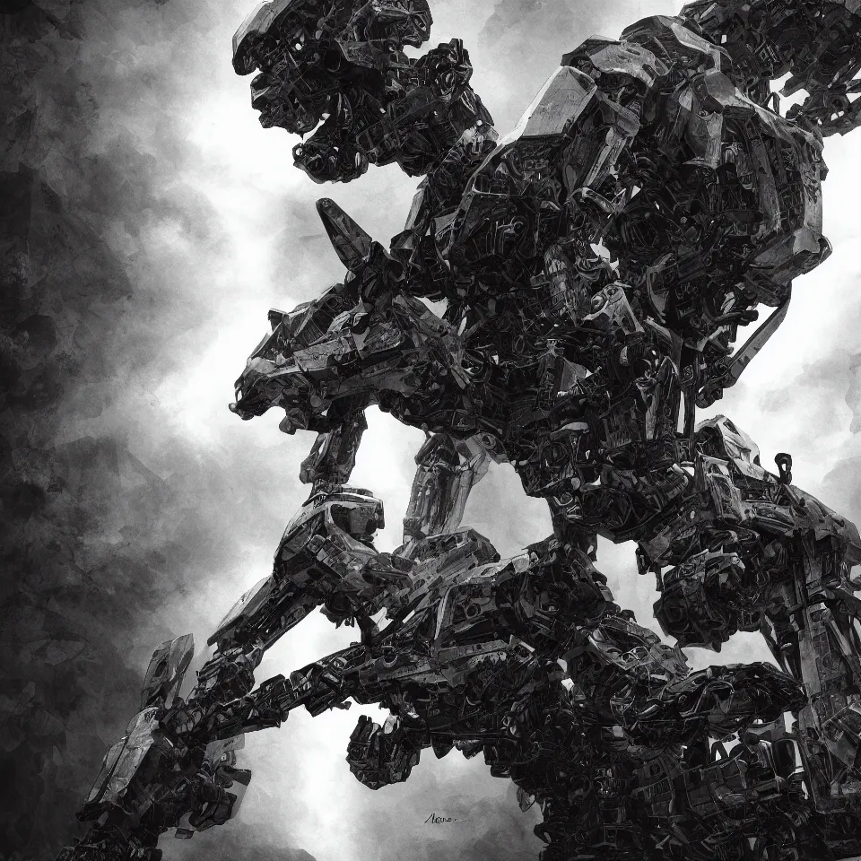 Prompt: head ans shoulder of one and unique giant robot, ricardo federici, epic composition, feng zhu, masterpiece, ink draw, horror, creepy, volume light, black and white high resolution, 8 k, highly detailed, processing, extremely hyperdetailed