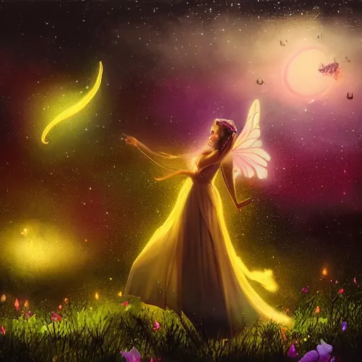 Prompt: attractive, fairy, woman, in the night, fantasy, crescent moon in background, luminous, toadstools, fireflies, fantasy, mist, highly detailed painting, fine lines, light rays, mid shot, 8 k realistic, sharp focus